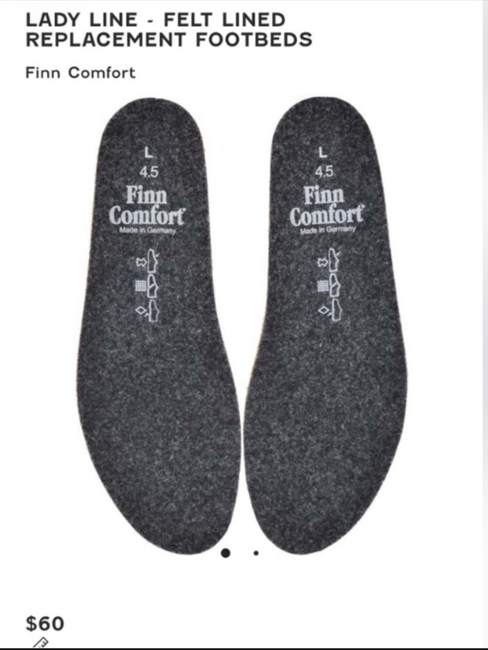 Finn Comfort Gray Wool Insoles for winter boots - 9in - 6-6.5 US